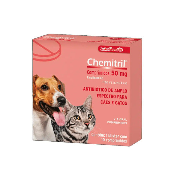 Antibiótico Chemitril 50mg para Cães e Gatos Chemitec 10 comprimidos